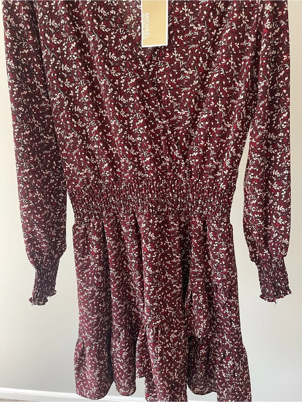 Michael Kors Burgundy Floral Long Sleeve Smock-Waist Dress